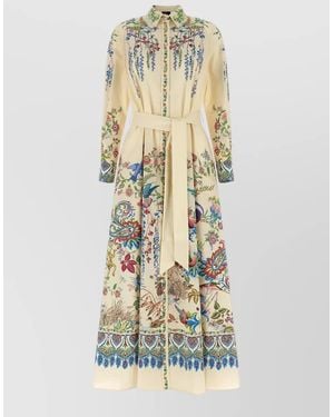 Etro Shirt Dress Belted Waist Long Sleeves Embroidery - White