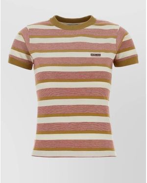 Prada Embroidered Cotton Crew Neck Striped T Shirt - Natural