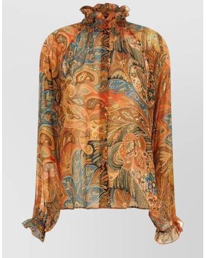 Etro Sheer Chiffon Shirt Paisley Ruffle Neckline - Brown
