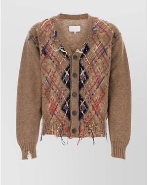 Maison Margiela V-Neck Wool Blend Cardigan With Distressed Plaid Pattern - Brown