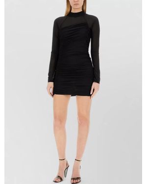 Helmut Lang High Neckline Ruched Sheer Sleeve Mini Dress - Black