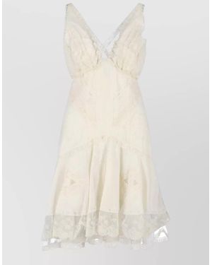 Ermanno Scervino Dress V Neck Sleeveless Tiered Skirt Lace - White