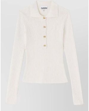 Ganni Long Sleeve Rib Knit Polo Shirt - White