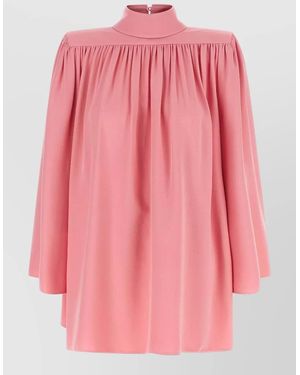 Valentino Garavani Silk Pleated High Neck Long Sleeve Midi Dress - Pink
