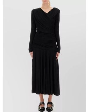 Ganni Draped Midi Dress Long Sleeves - Black