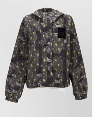 Ganni Hooded Nylon Jacket Floral Pattern Cuffs - Gray