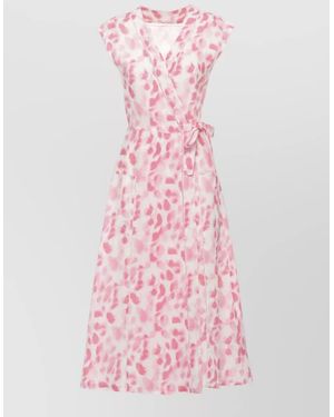 120% Lino Linen Printed Sleeveless V-Neck Cutout Midi Dress - Pink