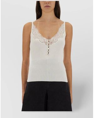 Self-Portrait Ribbed Lace-Trim V-Neck Tank Top - White