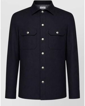 Brunello Cucinelli Collared Silk Nylon Jacket Chest Pockets - Blue