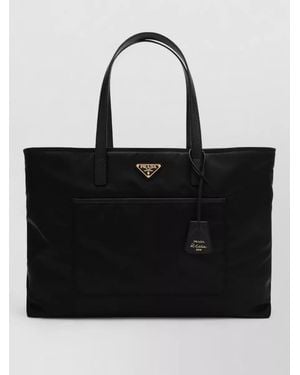 Prada Tote Bag Rectangular Shape External Pocket Handles - Black