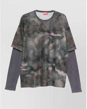 DIESEL Camouflage Mesh Long Sleeve Layered T Shirt - Gray