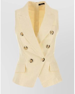 Balmain Jacquard Vest With Flap Pockets And-Tone Buttons - Natural