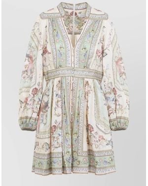 Zimmermann Linen Floral-Print Plunge Long-Sleeve Mini Dress - White
