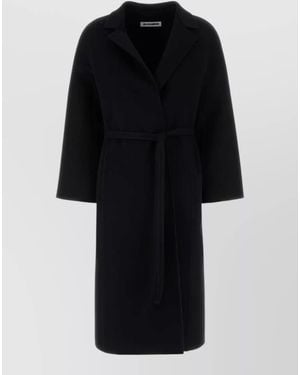 Jil Sander Wool Coat Belted Waist Long Wide Sleeves - Black