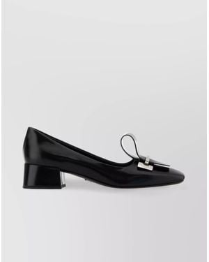 Prada Leather Pumps With Block Heel And Bow - Black