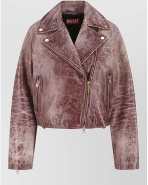 DIESEL Textured Coat Zip Pockets Notched Lapels - Brown