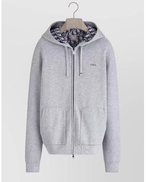 Dior Hooded Knit Top Front Pockets Ribbed Hem - Blue