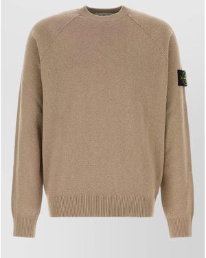 Stone Island Cotton Crewneck Jumper Ribbed Cuffs Hem - Natural