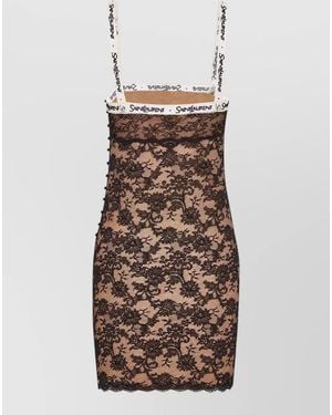 Saint Laurent Lace Dress Floral Pattern Scalloped Hem - Brown