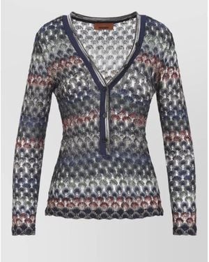 Missoni Metallic Striped V Neck Openwork Jumper - Grey