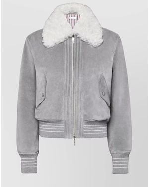 Thom Browne Shearling Collar Suede Cropped Flight Jacket - Grey