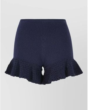 Self-Portrait Viscose Blend Shorts Elastic Waist Ruffled Hem - Blue
