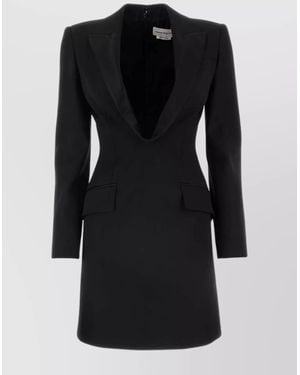 McQueen Lapel Collar Wool Mini Dress - Black