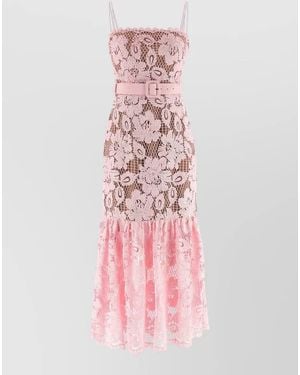 Self-Portrait Crochet Lace Midi Dress Belted Ruffle - Pink