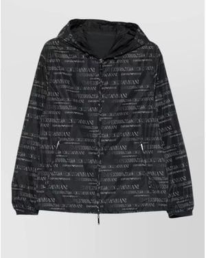 Emporio Armani Nylon Hooded Bomber Jacket Drawstring Hem - Black