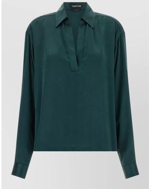 Tom Ford Silk Satin Polo Shirt Plunge Neckline - Green
