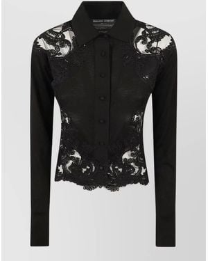 Ermanno Scervino Collared Knit Shirt Sheer Lace Fitted - Black