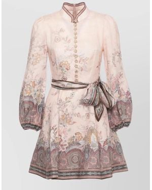 Zimmermann Floral Linen Dress High Neck Belt - Pink