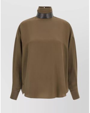 Brunello Cucinelli Silk Blouse With High Collar And Keyhole Back - Green