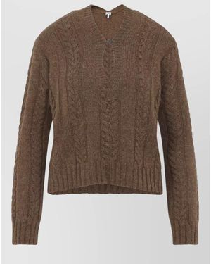 Loewe V Neck Cable Knit Jumper Ribbed Cuffs Hem - Brown
