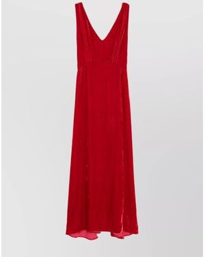 P.A.R.O.S.H. Silk Velvet Panelled V-Neck Sleeveless High-Low Maxi Dress - Red