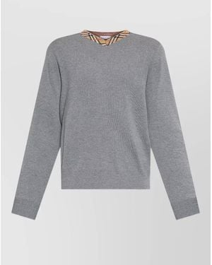Burberry Check Neckline Sweater Long Sleeves Knit - Gray