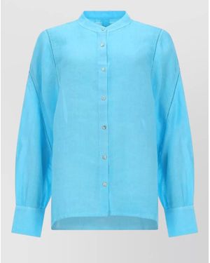 120% Lino Linen Shirt Breathable Collared Long Sleeve - Blue