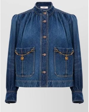 Chloé Denim High Neck Gathered Cropped Jacket - Blue