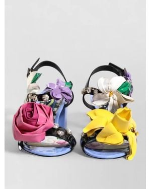 Dolce & Gabbana Keira Floral Crystal Sandals Block Heel - Gray