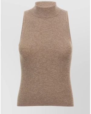 Brunello Cucinelli Sleeveless High Neckline Ribbed Top - Natural