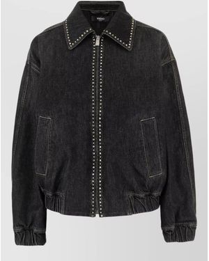 Versace Denim Jacket Elasticated Cuffs Hem Pockets Studs - Black