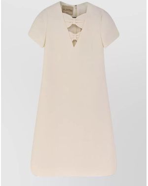 Valentino Virgin Wool Silk V-Neck Bow Mini Dress - Natural