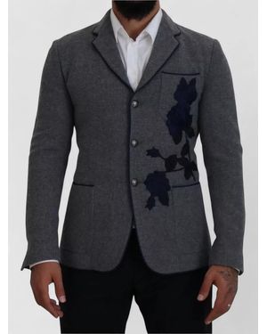 Dolce & Gabbana Wool Roses Slim Fit Jacket Blazer - Blue