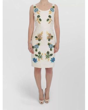 Dolce & Gabbana Brocade Sheath Dress Floral Crystal Brooches - Natural