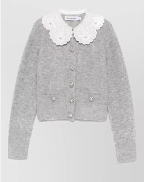 Self-Portrait Knit Cardigan Cropped Lace Collar Buttons - Grey