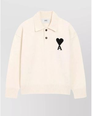 Ami Paris Polo Shirt Crewneck Embroidered Logo Buttons - Natural