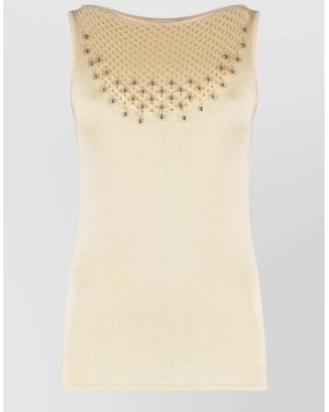 Rabanne Knit Top Embellished Neckline Mesh Detail - Natural