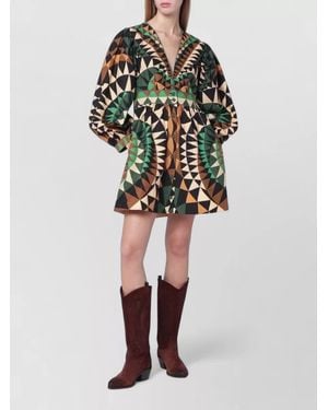 FARM Rio Cinched Waist Geometric Pattern Long Sleeve Dress - Multicolour