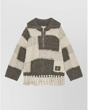 Ganni Knit Jumper Fringe Hem Long Sleeves Patchwork - Multicolour