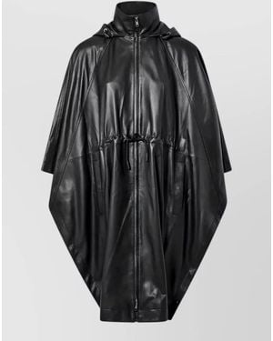 Yves Salomon Leather Hooded Cape Drawstring Waist Jacket - Black